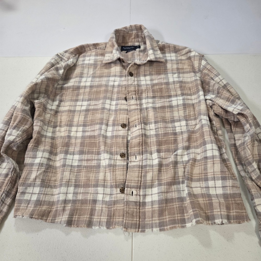 Abercrombie & Fitch Soft A&F Cropped Plaid Flannel Shirt Beige Tan Medium